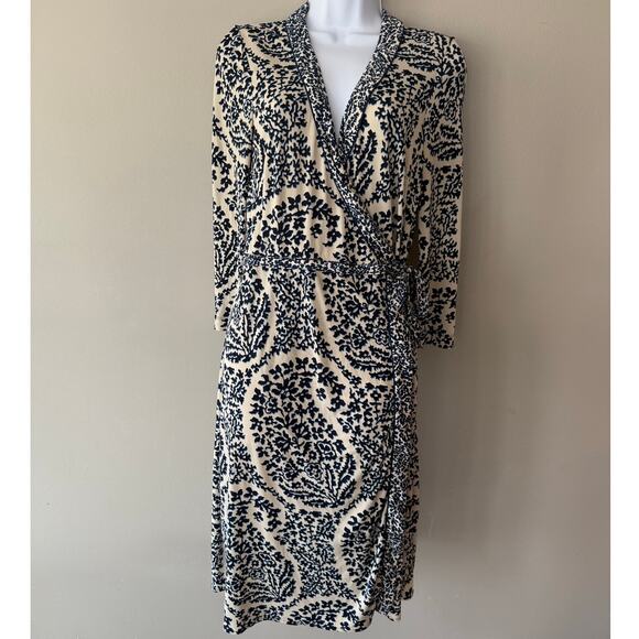 BCBGMaxazria Blue Paisley Floral Wrap Dress Midi Womens Med Navy Cream Feminine - Picture 3 of 15